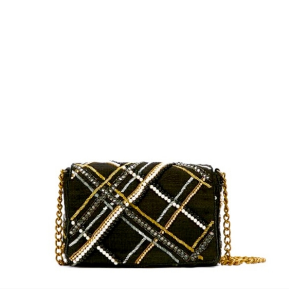 NWT Zara Embellished Evening Bag Black Gold Pearl Purse